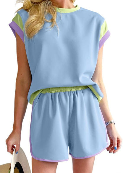Two 2 Piece Lounge Sets for Women Summer Casual Short Sleeve Tops Matching Shorts Loose Fit Loungewear Tracksuit Set Womens Clothing Sky Blue S - WORLD TIME VISITS