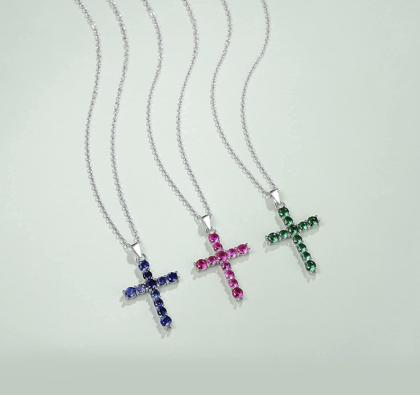 Gemstone Cross Necklace 925 Sterling Silver Created Birthstone Cross Prong Pendant Necklace Faithful Gift Ideas Fine Jewelry for Her Girlfriend Women Girls, 16" + 2" Extender