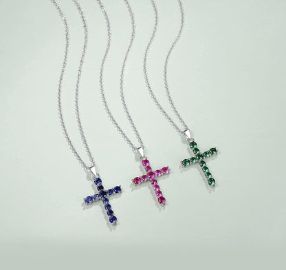 Gemstone Cross Necklace 925 Sterling Silver Created Birthstone Cross Prong Pendant Necklace Faithful Gift Ideas Fine Jewelry for Her Girlfriend Women Girls, 16" + 2" Extender