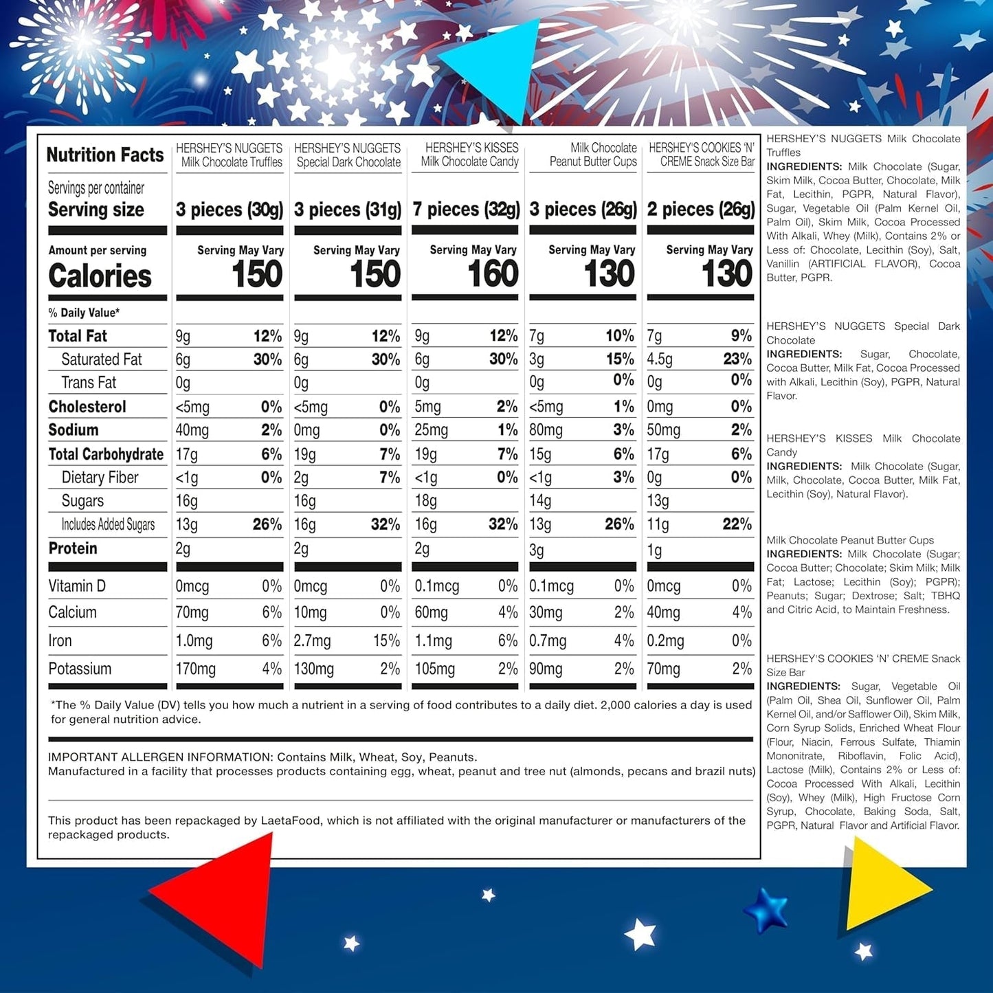 Patriotic Candy, Independence Day Chocolate Mix - HERSHEY’S KISSES and NUGGETS, HERSHEY’S COOKIES ‘N’ CREME Bar, Reesescups (3 Pound Bag - Approx. 160 Count)