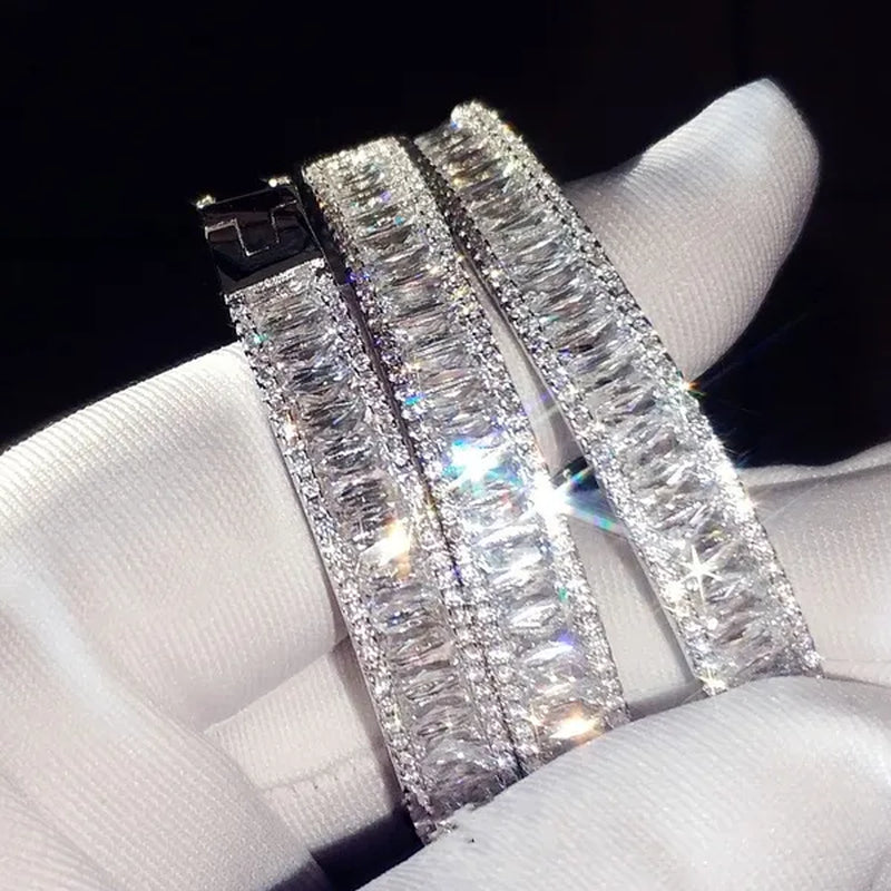 Charm Bracelet Baguette Cut 5A Cubic Zirconia Diamond White Gold Filled Engagement Wedding Bangle for Women Fashion Accessaries 1Pcs