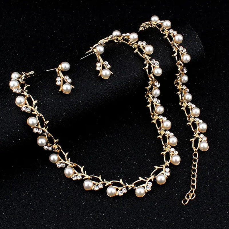 Elegant 3pcs/set Party Gift Wedding Bridal Jewelry Diamond Imitation Pearl Necklace Earring Sets