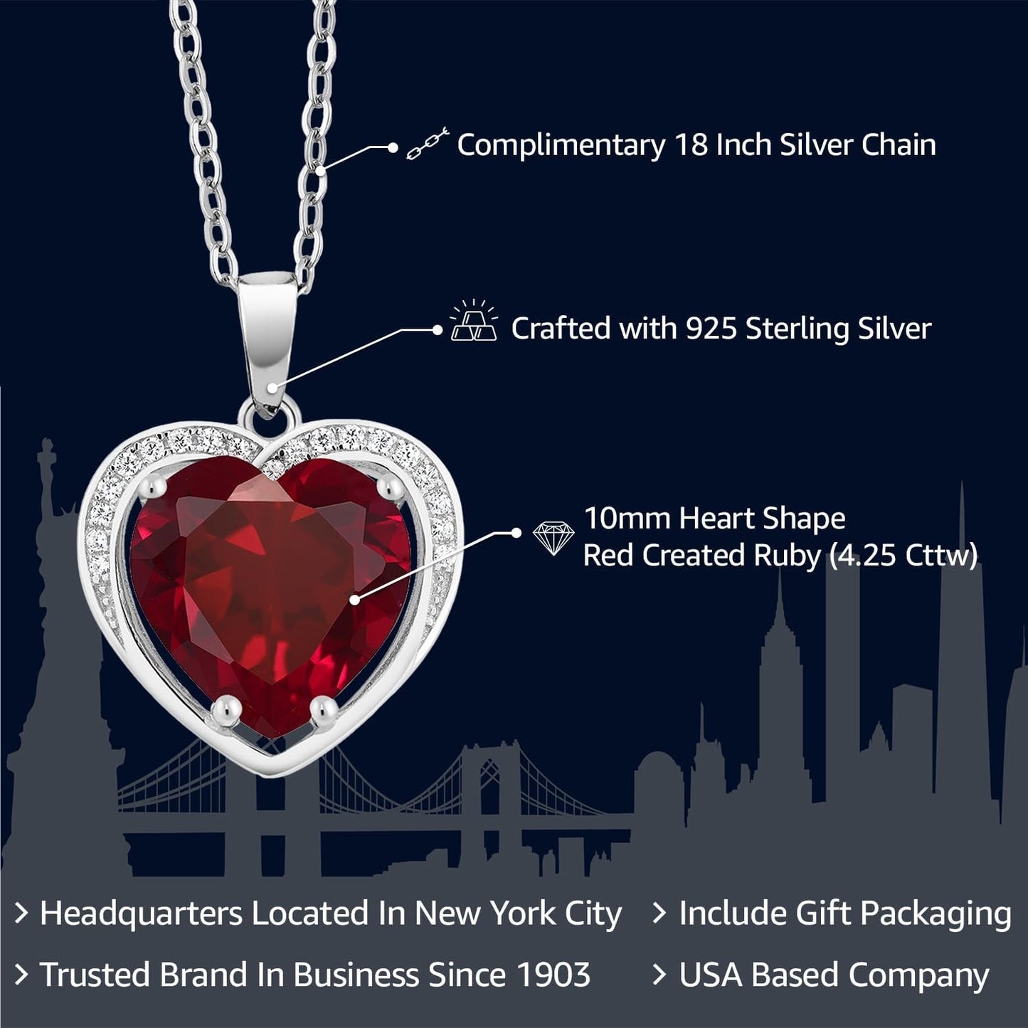 925 Sterling Silver Created Ruby Pendant Necklace for Women (4.25 Cttw, Heart Shape 10MM, with 18 Inch Silver Chain)