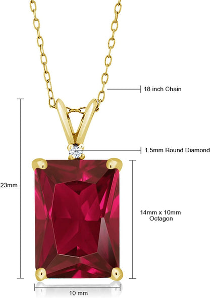 18K Yellow Gold Plated Silver Red Created Ruby Pendant Necklace for Women (5.02 Cttw, Gemstone July Birthstone, Emerald Cut 14X10MM, with 18 Inch Silver Chain)