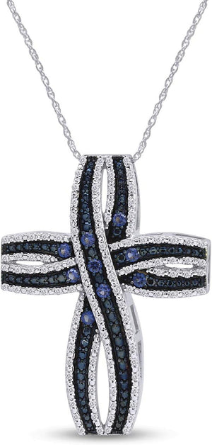 0.47 Ct Simulated Blue Sapphire & White Cubic Zirconia Loop Cross Pendant Necklace In925 Sterling Silver