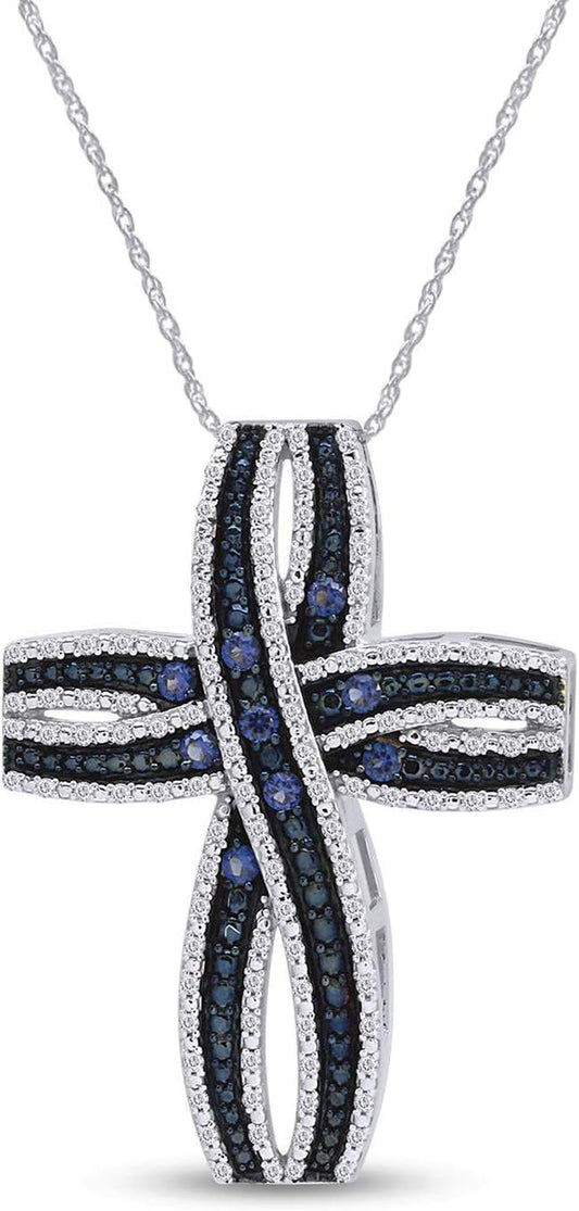 0.47 Ct Simulated Blue Sapphire & White Cubic Zirconia Loop Cross Pendant Necklace In925 Sterling Silver