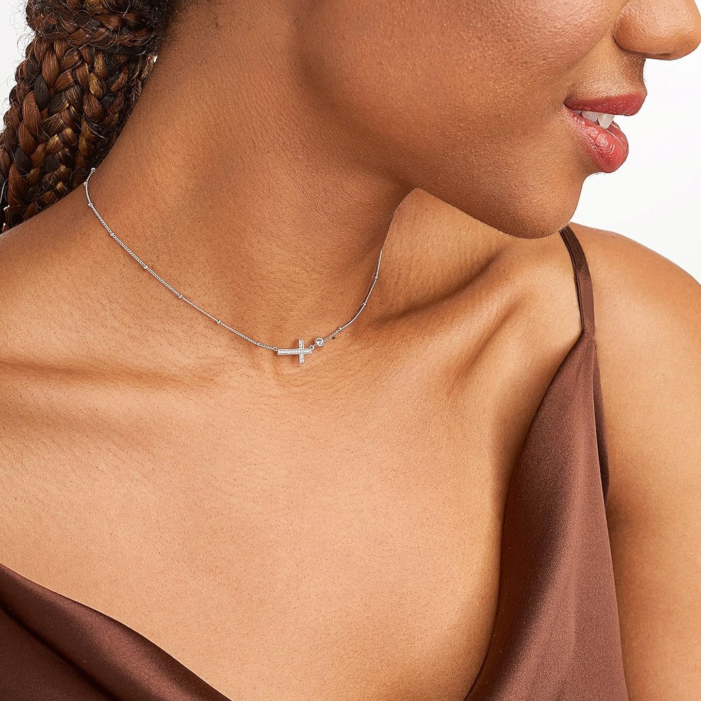 .925 Sterling Silver Rhodium Plated Cubic Zirconia Sideways Cross Sterling Silver Necklace for Women - Faith Dainty Jewelry Choker Cross Necklace for Women, Adjustable Chain 16 Inch - WORLD TIME VISITS