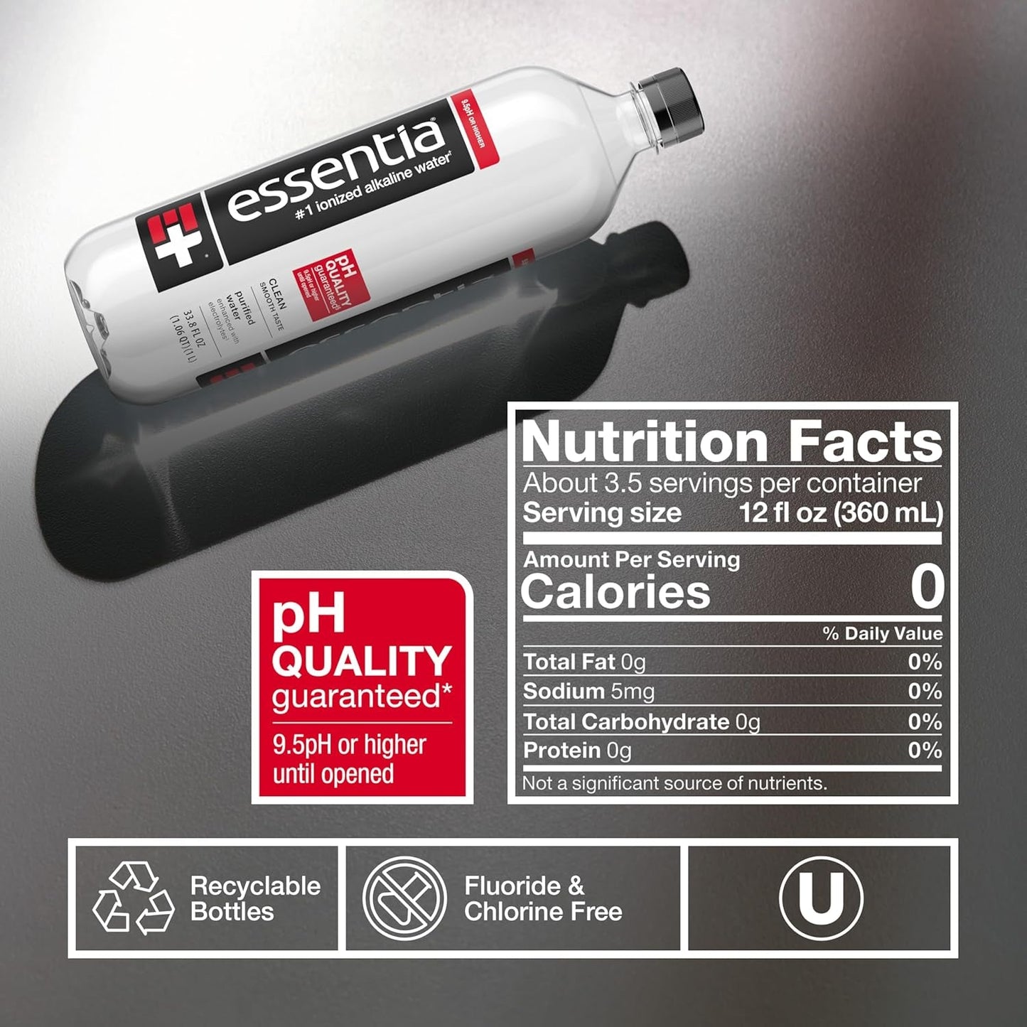 , 99.9% Pure, Infused with Electrolytes for a Smooth Taste, Ph 9.5 or Higher; Ionized Alkaline Water, Black, 42.3 Fl Oz (Pack of 12)