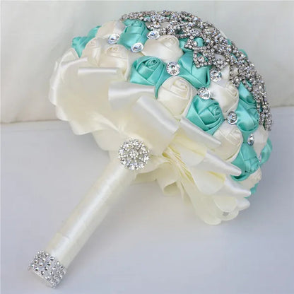 21CM Creative Handmade Diamond Flower Brooch Bouquet Ribbon Silk Rose Wedding Flower Bridal Bouquet Bridesmaid Holding Flowers