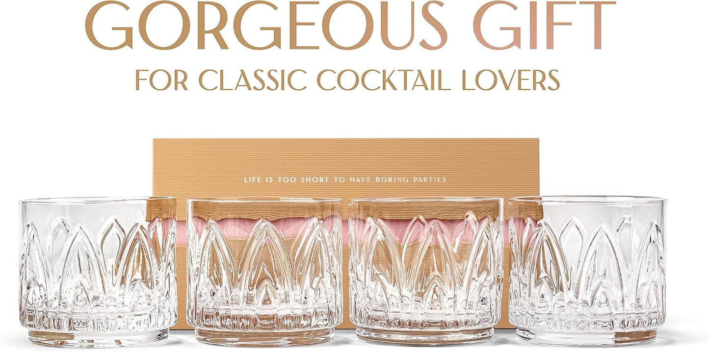Vintage Art Deco Crystal Lowball Cocktail Glasses | Set of 4 | 11 Oz Short Tumbler Rocks Glassware for Drinking Craft Bar Drinks | Heavy Based Old Fashioned Glasses for Women