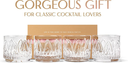 Vintage Art Deco Crystal Lowball Cocktail Glasses | Set of 4 | 11 Oz Short Tumbler Rocks Glassware for Drinking Craft Bar Drinks | Heavy Based Old Fashioned Glasses for Women