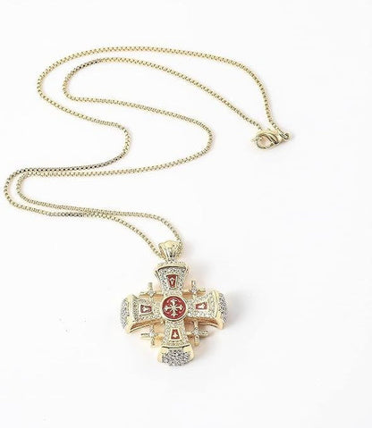Crusaders Jerusalem Cross Pendant Necklace Gold Plating 18K Enamel Crystallized Stones 1.3"