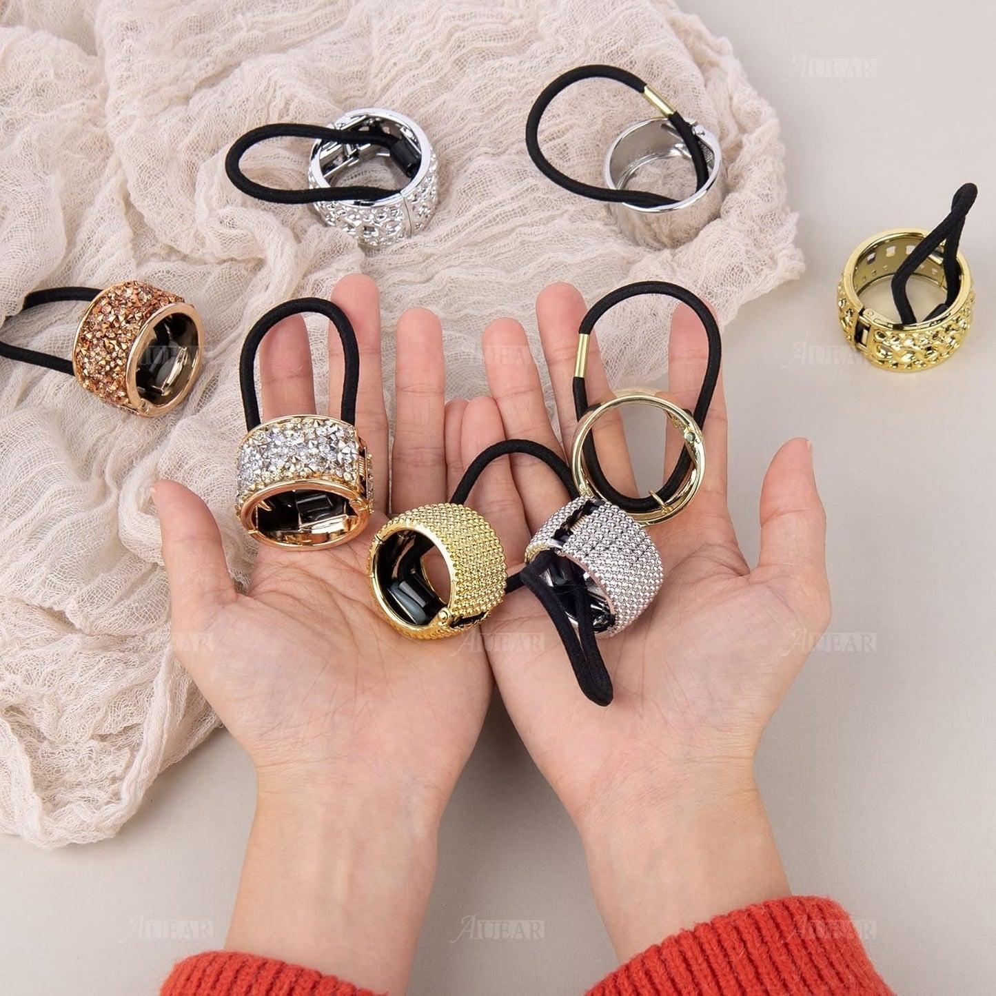 , 8 Pack Rhinestone Ponytail Holder Hair Cuffs Gothic Punk Elastic Ties Bands Metal Cuff for Women Accessoires