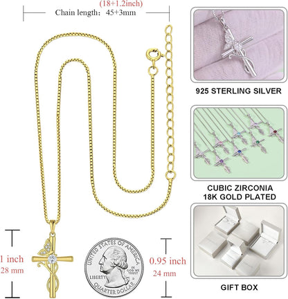 Butterfly Cross Necklace 925 Sterling Silver Crucifix Pendant Birthstone Jewelry for Women