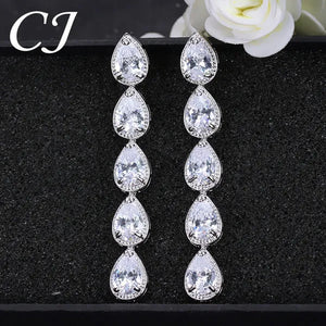 Candice High Quality Long Dangling Earrings Connect 5 Pcs Water Drop AAA CZ Zirconia White Gold Plated Luxury Wedding Ear Jewelry for Bridal Accessorise