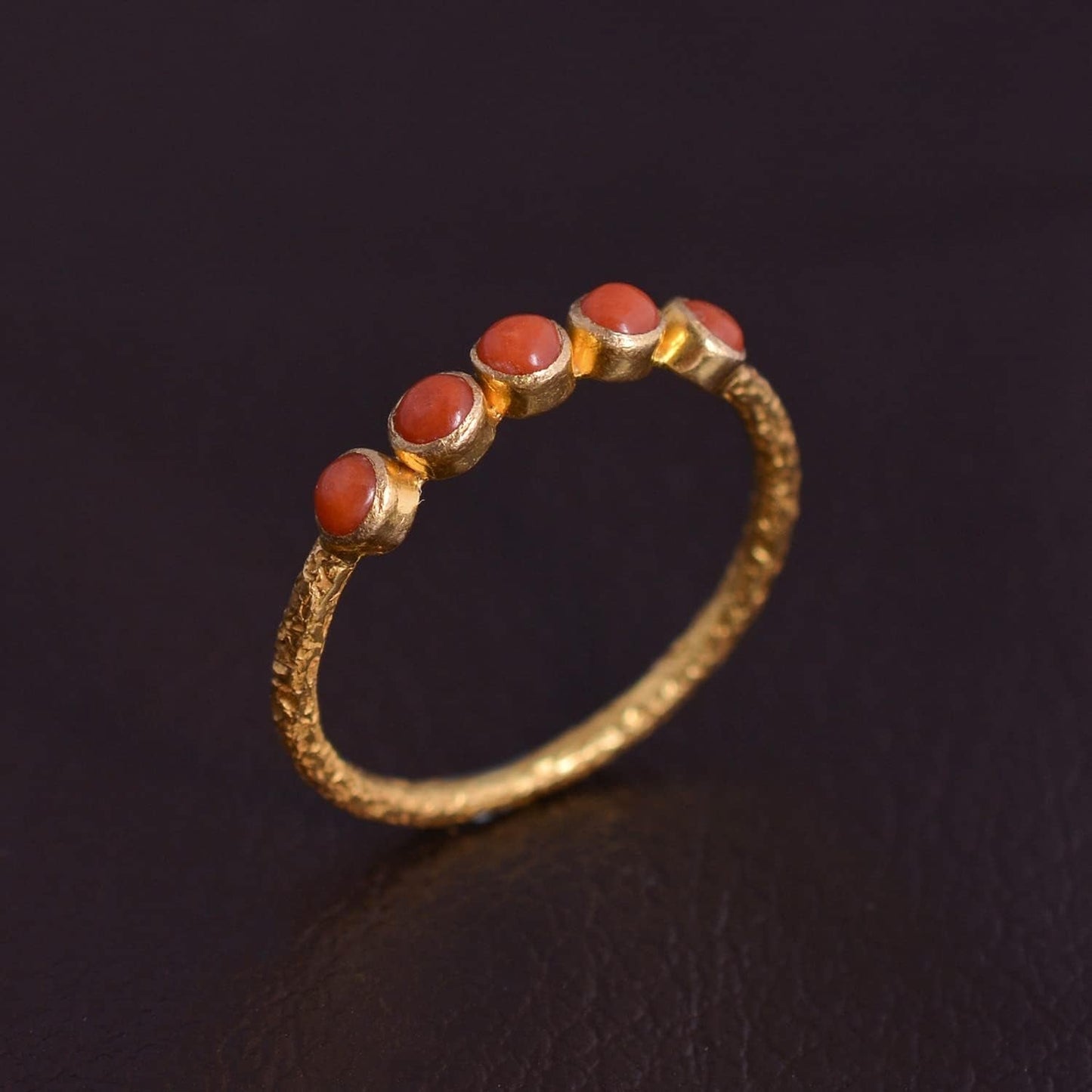 18K Textured Yellow Gold Cabochon Ring for Women Real Gemstone Designer Fine Rings for Girls, Gift for Her