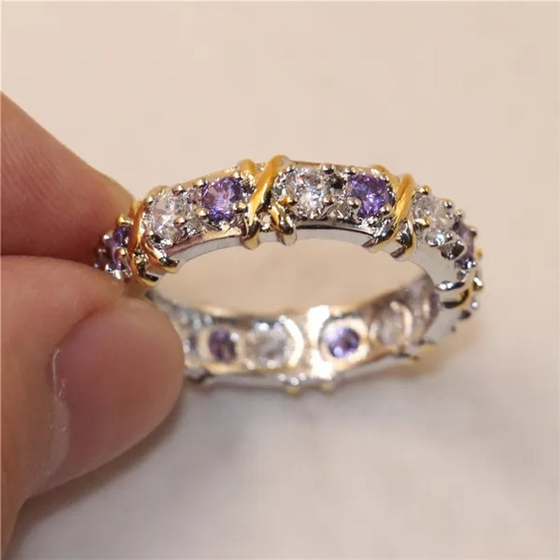 Brand Jewelry Lady's 925 Sterling Silver pink Tanzanite Couple rings Yellow Gold Cross Eternal Wedding Ring for Women