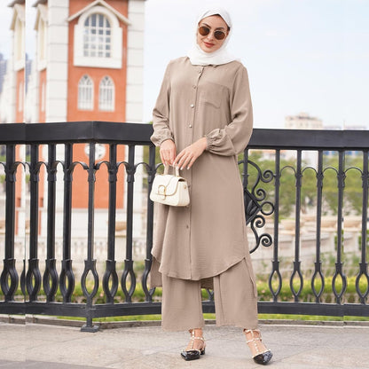 Women'S Muslim 2 Pieces Sets Long Sleeve Button down Shirt and Pants Abaya Casual Dress Dubai Outfits