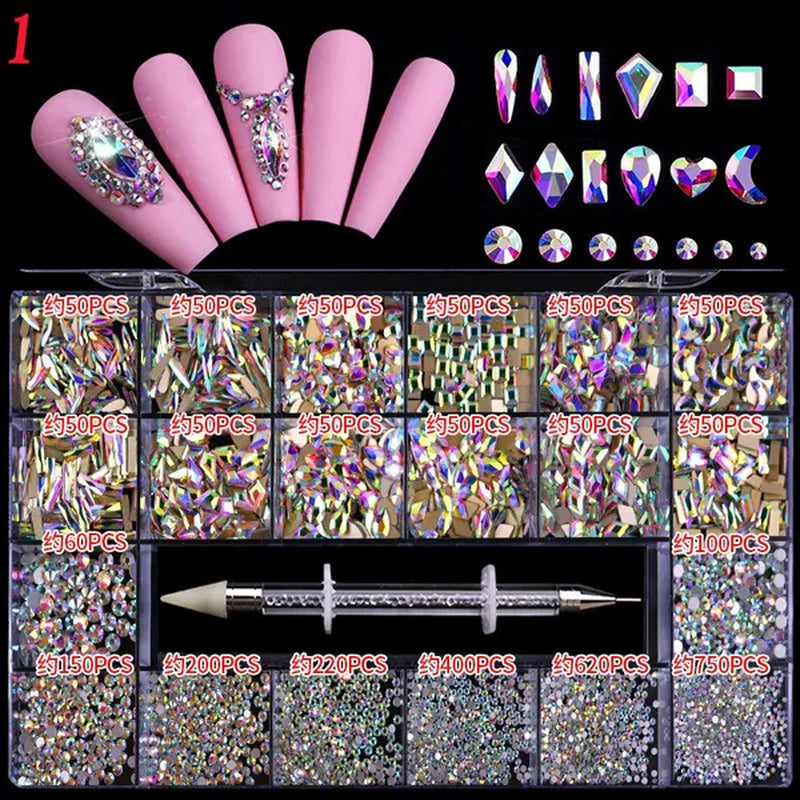 3000Pcs/Box Mixed AB Glass Crystal Diamond In Grids 21 Shape and  Flatback Nail Art Rhinestone Set with 1 Pick Up Pen