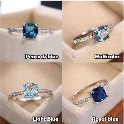 1Pcs Simple Style Micro-inlaid Zircon Sapphire Color Treasure Square Diamond Ring For Women Jewelry Gift
