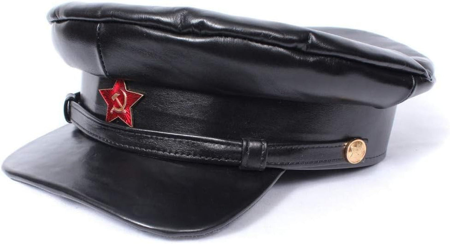 Authentic Kommisarka Soviet NKVD Officer Visor Hat WW2 Russian Vintage Leather Peaked Hat with Soviet Red Star Badge - WORLD TIME VISITS