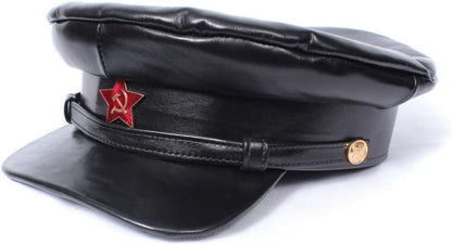 Authentic Kommisarka Soviet NKVD Officer Visor Hat WW2 Russian Vintage Leather Peaked Hat with Soviet Red Star Badge - WORLD TIME VISITS