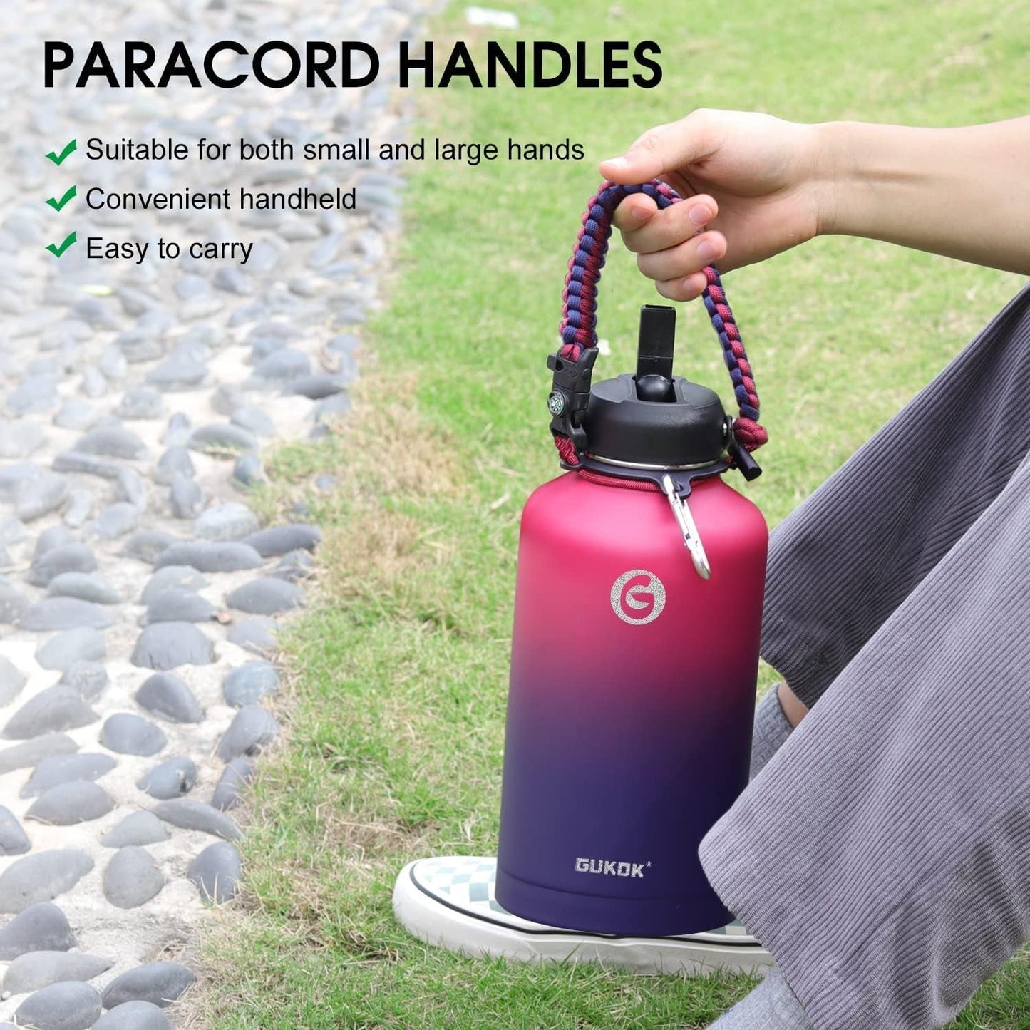 64 Oz Insulated Water Bottle with Straw & Paracord Handles & 2 Lids, Leak Proof Metal Water Jug, Hot Cold Stainless Steel Thermal Water Bottles, Half Gallon Large Water Flask for Sports, Gym