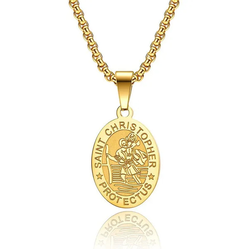 Oval St Christopher Medal Necklace Stainless Steel Saint Christopher Protect Us Pendant Catholic Patron Religious Amulet Jewelry Silver / Black / Silver
