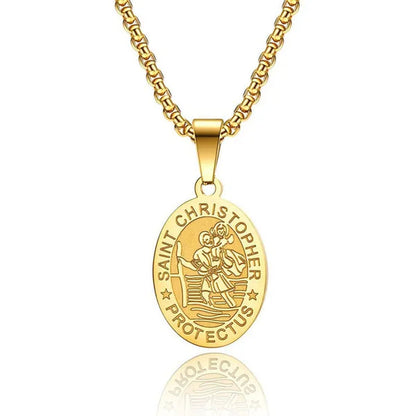 Oval St Christopher Medal Necklace Stainless Steel Saint Christopher Protect Us Pendant Catholic Patron Religious Amulet Jewelry Silver / Black / Silver