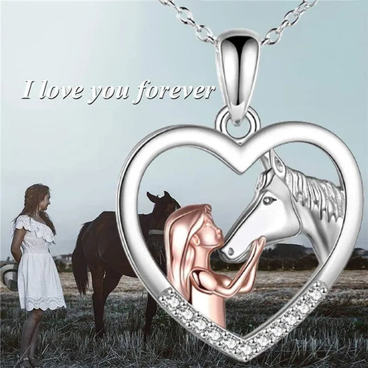 2022 New Exquisite Fashion 925 Sterling Silver Girl and Horse Necklace for Women Girls Heart Diamond Pendant Necklace Horse Jewelry for Girl Daughter Birthday Party Anniversary Gift