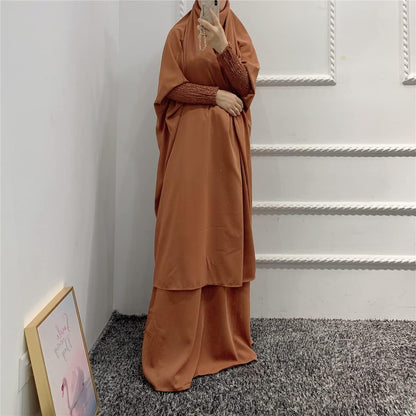 Women Muslim 2 Set Solid Color plus Long Sleeve Thobe One-Size Longuette Overall Abaya Thobe with Hoodied Hijab