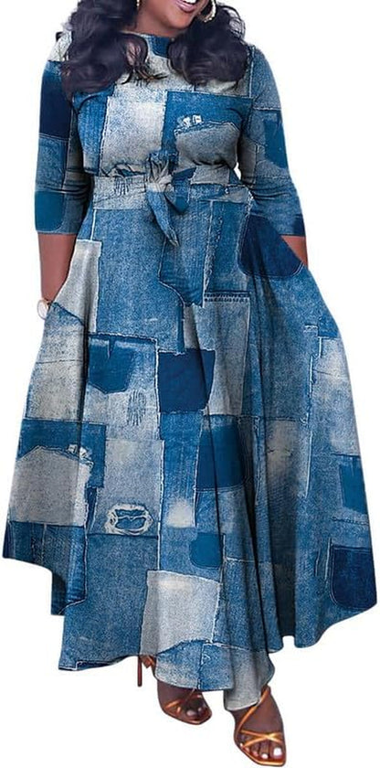 Women'S Long Sleeve V Neck Long Maxi Dress Loose African Floral Print a Line Skirt Dresses plus Size with Belt