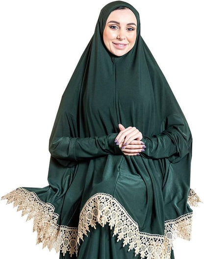 Women'S Prayer Dress 2 Pieces Lycra Solid Color plus Long Sleeve | One-Size | Hijab Abaya Suit