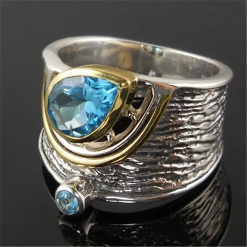 Fashion Boho Two Tone Ring Blue Sapphire Vintage Wide Ring for Women Fine Jewelry Gifts
