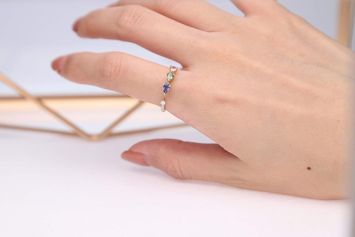 Gin and Grace 14K Yellow Gold Genuine Multi Sapphire Ring with Diamonds for Women | Ethically, Authentically & Organically Sourced (Pear-Cut) Shaped Sapphire Hand-Crafted Jewelry for Her | Sapphire Ring for Women