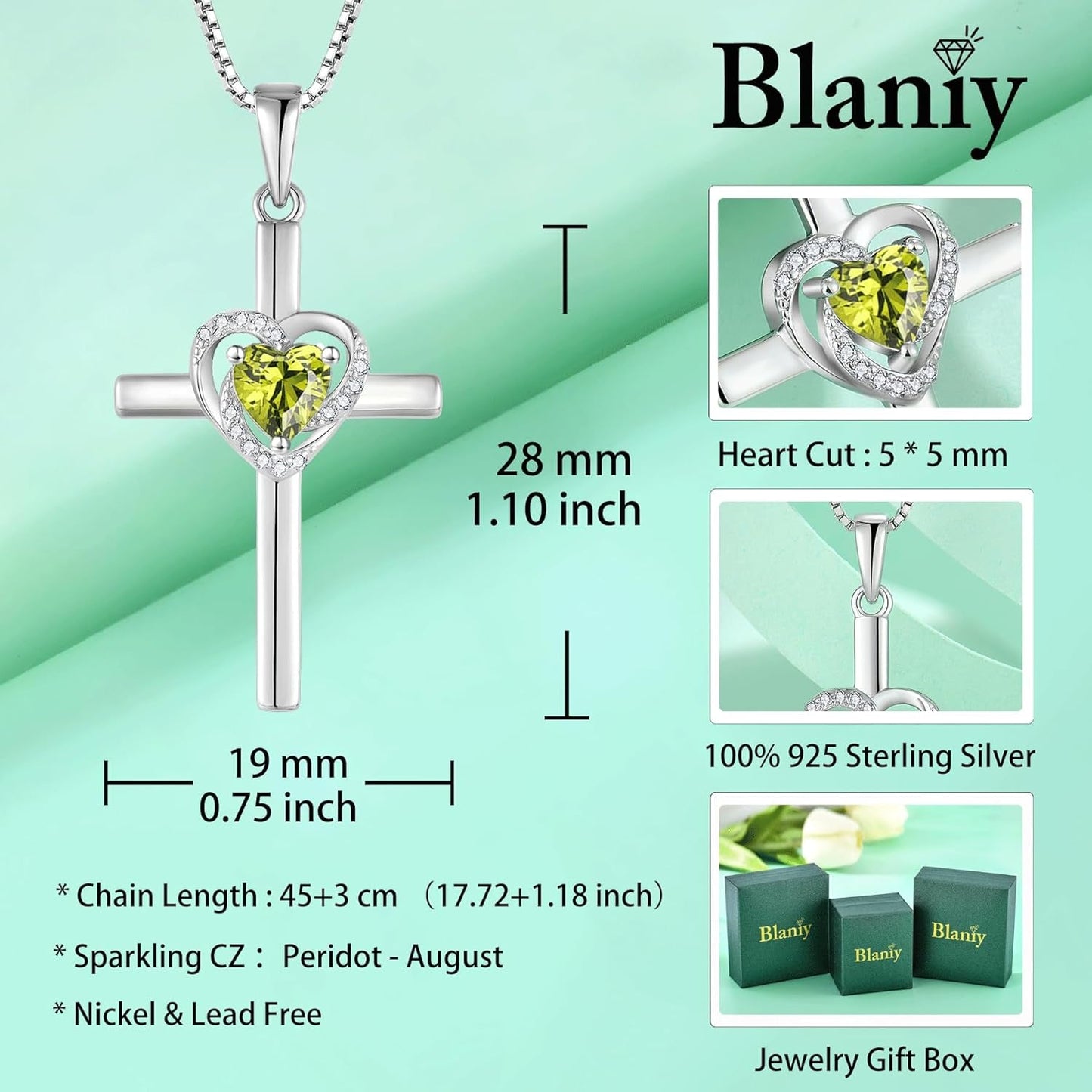 Cross Necklace for Women 925 Sterling Silver Heart Cross Necklace Birthstone Created Gemstone Pendant Jewelry Gifts for Women