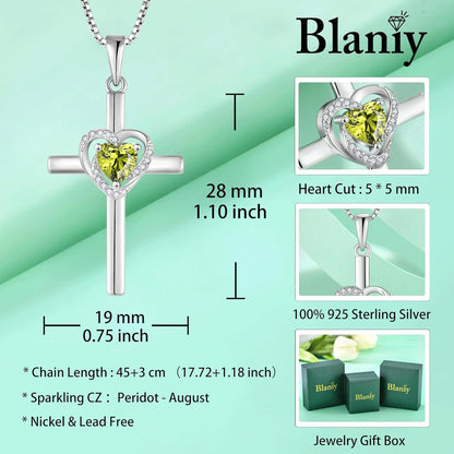 Cross Necklace for Women 925 Sterling Silver Heart Cross Necklace Birthstone Created Gemstone Pendant Jewelry Gifts for Women