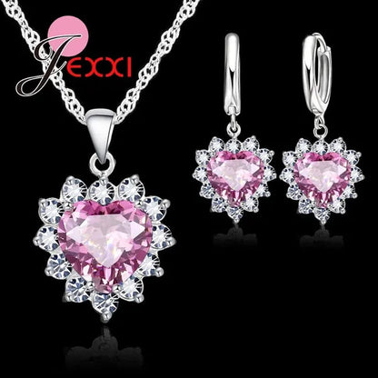 Trendy Heart Austrian Crystal 925 Sterling Silver Pendant Necklaces Earrings Set For Women Wedding Bridal Jewelry Sets