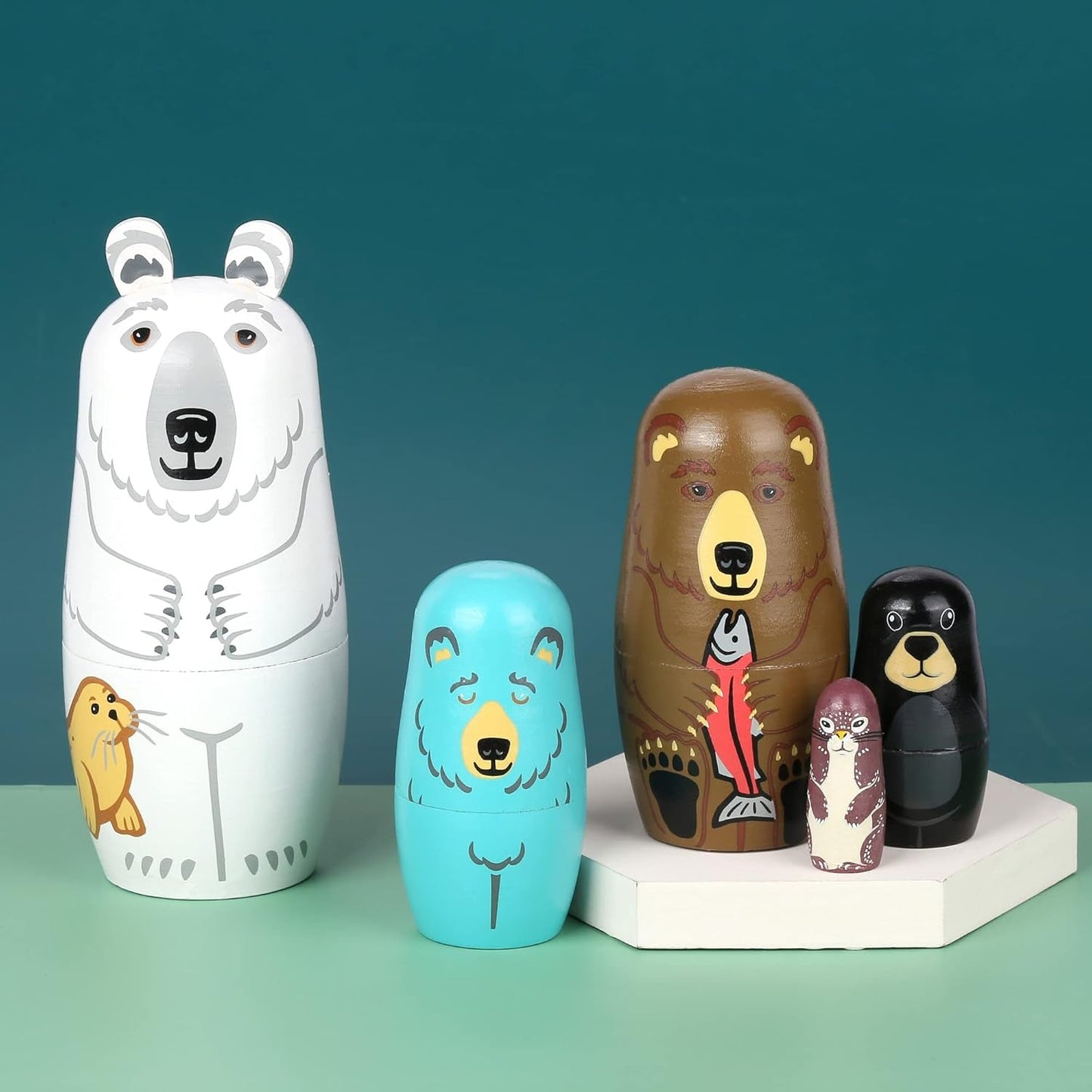 5Pcs Russian Nesting Dolls, Handmade Wooden Cute Bear Matryoshka Dolls Set for Kids Christmas Birthday Wishing Gift (Bear Series)