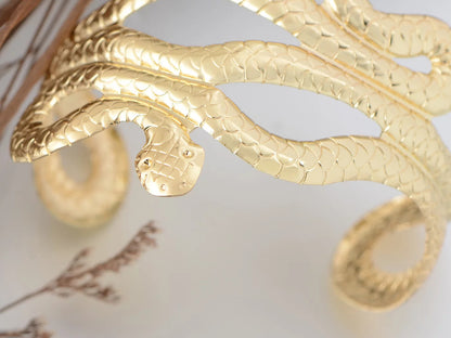 Metal Tone Asian Carved Double Twin Dancing Snakes Serpents Bangle Bracelet, Gold
