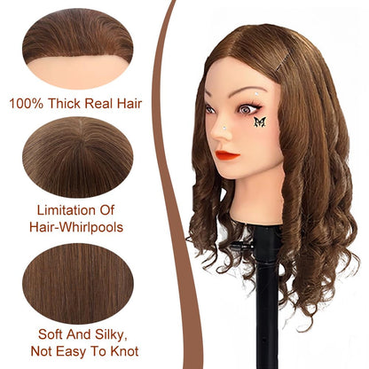 Mannequin Head with 100% Real Human Hair Cosmetology Mannequin Head to Practice Hairstyles Doll Head Training Head for Hairdresser (Brown)
