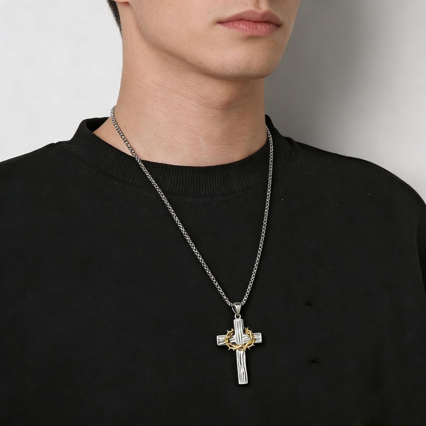 Cross Necklace for Men,Stainless Steel Black Silver Jesus Christ Crucifix Pendant Necklaces Meaningful Religious Jewelry，60Cm Rolo Chain