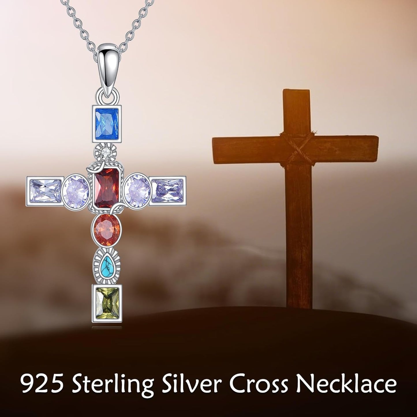 Colorful Cross Necklace for Women 925 Sterling Silver Crucifix Pendant Christian Jewelry Gifts for Women Men