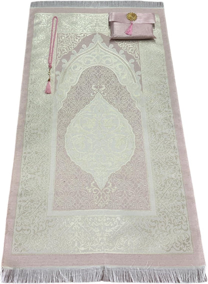 Muslim Prayer Rug and Beads with Elegant Slub Fabric Bag | Janamaz | Sajadah | Soft Islamic Prayer Rug | Islamic & Mawlid Gifts | Prayer Carpet Mat, Taffeta Fabric (Pink, 1 Sets)