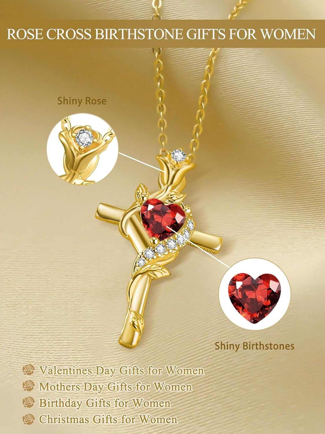 Rose Cross Necklaces for Women, 14K/18K/24K Gold/Rose Gold Cross Jewelry with Birthstone Pendant, Valentines Day Birthday Gifts for Women, 18+2 Inch Chain