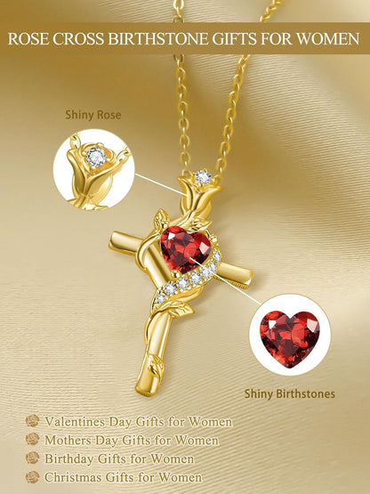 Rose Cross Necklaces for Women, 14K/18K/24K Gold/Rose Gold Cross Jewelry with Birthstone Pendant, Valentines Day Birthday Gifts for Women, 18+2 Inch Chain