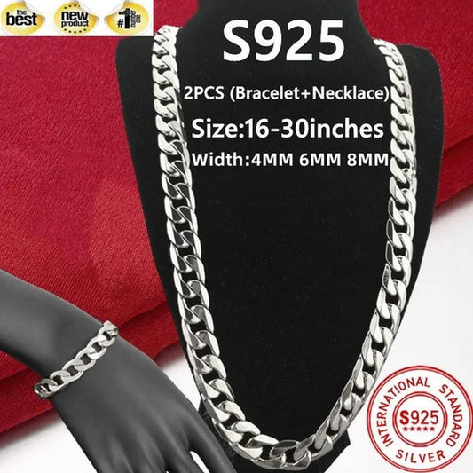 2PCS (Bracelet + Necklace) 925 Sterling Silver Women Men Fashion Jewelry Set Curb Chain Necklace Bracelet 925 Silver Jewelry High Quality Necklace Bracelet 16-30 Inches
