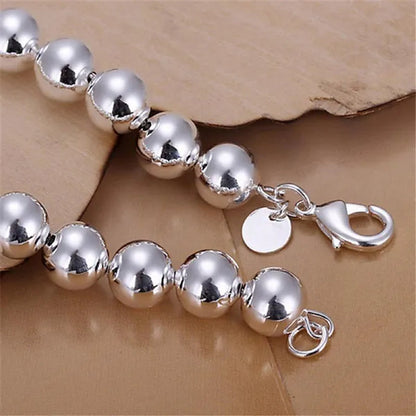 Fashion 925 Sterling Silver 8Mm Hollow Smooth round Beads Necklace Bracelets Set for Women Wedding Engagement Party Jewelry