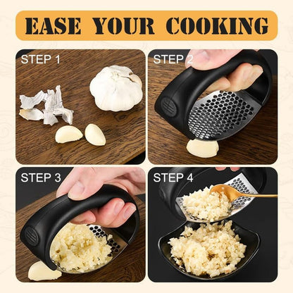 Garlic Press Rocker - 2024 NEW Stainless Steel Garlic Mincer Garlic Crusher with Peeler, New Innovative Garlic Chopper with Peeler and Scraper for Smash Garlic, Black
