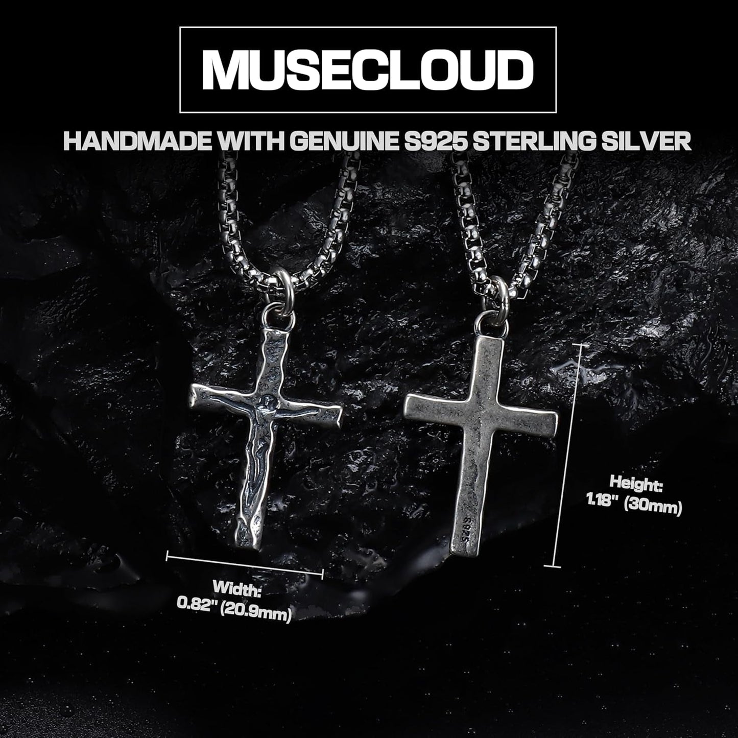 925 Sterling Silver Cross Crucifix Necklace Men - Sterling Silver Carved Jesus Cross Pendant with Stainless Steel Box Chain Catholic Necklaces Christian Jewelry for Mens Women 18-26 Inch